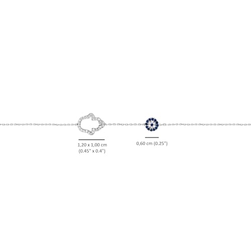 MYSTIC JEWELS 925 Sterling Silver Cubic Zirconia Hamsa (Hand of Fatima) and Evil Eye Round Bracelet, 16 + 2 cm