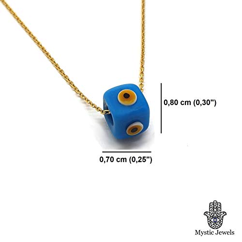 MYSTIC JEWELS by Dalia - Blue Crystal Cube Evil Eye Necklace for Good Luck - 925 Sterling Silver Chain with Gold Plated (Turquoise)