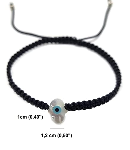 MYSTIC JEWELS By Dalia - Red macrome thread bracelet with mother-of-pearl and Turkish eye, for good luck, Evil Eye protection, Good Luck (Hand - Black)