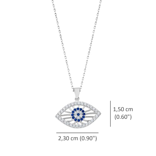MYSTIC JEWELS - 925 Sterling Silver Necklace; Evil Eye Protector, Turkish Eye Pendant Necklace with Zircons, Eye Shape, Amulet Jewelry for Women