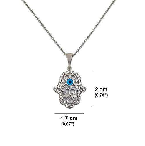 MYSTIC JEWELS By Dalia - 925 Sterling Silver Hand of Fatima Necklace with little eye in the middle and zircons around it for good luck