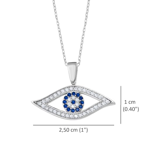 MYSTIC JEWELS - 925 Sterling Silver Necklace, Evil Eye Protector with Turkish Eye Pendant and White and Blue Zircons, Eye Shape, Amulet Jewelry for Women