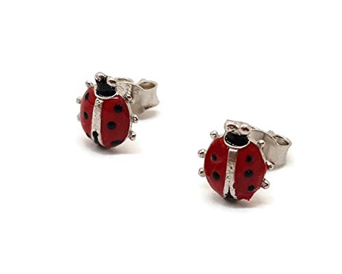 925 Sterling Silver Earrings, Enameled Ladybug 8.1 mm Pressure Closure Girl to Gift