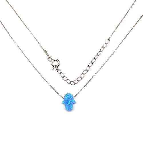 MYSTIC JEWELS by Dalia Hand of Fatima Pendant Necklace, 925 Sterling Silver, Synthetic Opal, Length 40 cm + 5 cm Adjustable (Silver)