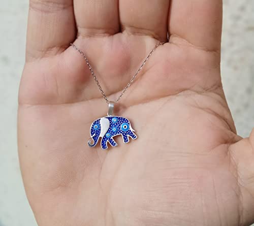MYSTIC JEWELS By Dalia -Necklace 925 sterling silver Navy blue enamel and turquoise eyes, minimalist, good luck Elephant or Star model (Elephant)