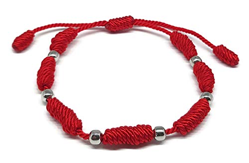 Mystic Jewels by Dalia - Kabbalah bracelet - 7 knots red thread cord with balls - unisex - adjustable - evil eye protection, good luck, good luck (Red)