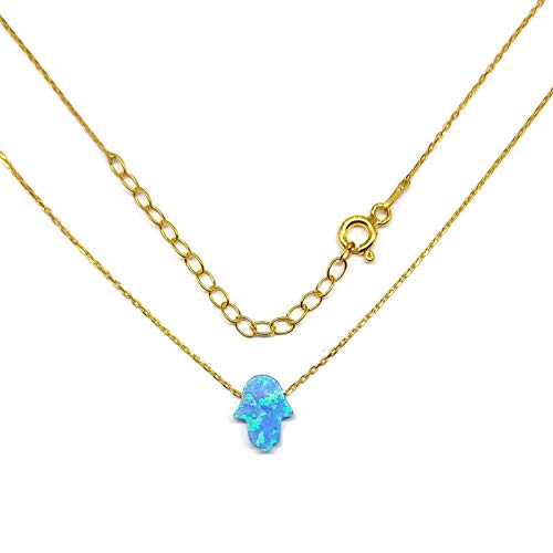 MYSTIC JEWELS by Dalia Hand of Fatima Pendant Necklace, 925 Sterling Silver, Synthetic Opal, Length 40 cm + 5 cm Adjustable (Gold)