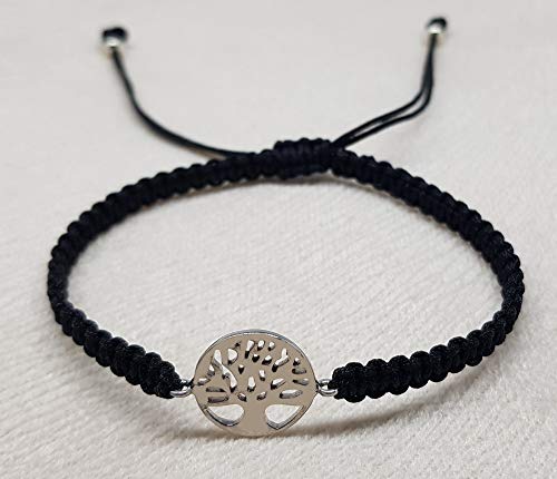 MYSTIC JEWELS by Dalia - 925 Sterling Silver Bracelet - tree of Life - in macrome Black Thread - Adjustable - to give as a gift (Silver)