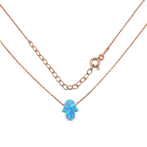Mystic Jewels by Dalia Hand of Fatima Pendant Necklace, 925 Sterling Silver, Synthetic Opal, Length 40 cm + 5 cm Adjustable (PINK)