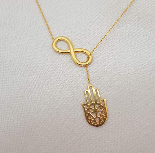 MYSTIC JEWELS by Dalia - Hand of Fatima with Infinity - 925 Sterling Silver - Gift for Good Luck (Golden)