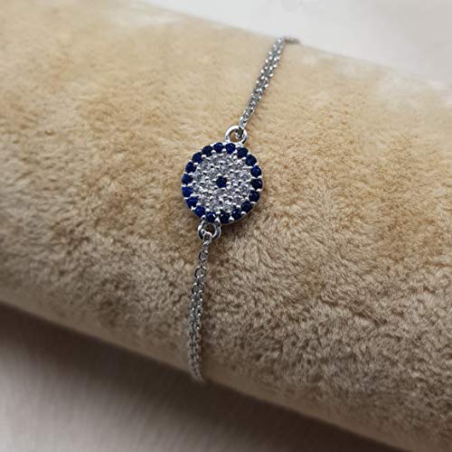 MYSTIC JEWELS by Dalia - Turkish Eye Motif Zircon Bracelet - Double Chain 16-18 cm Adjustable (Silver)