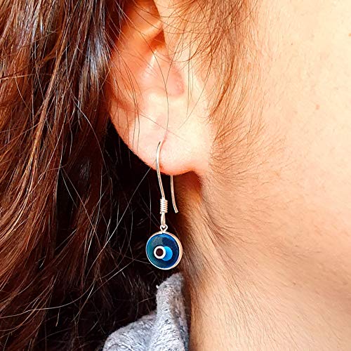 MYSTIC JEWELS By Dalia - 925 Sterling Silver Drop Earring - Round Turkish Eye for Good Luck (Light Blue)