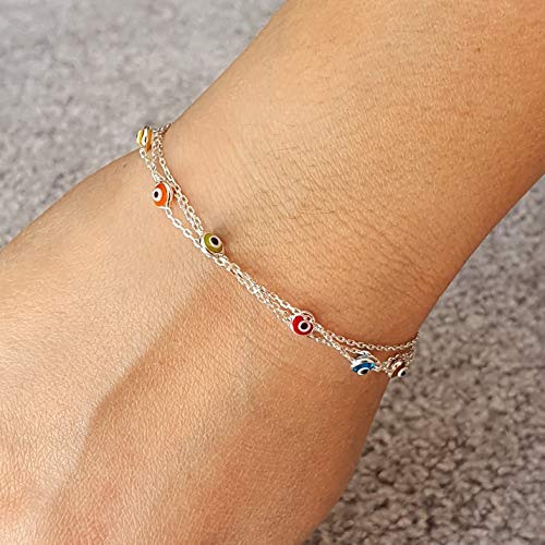 MYSTIC JEWELS By Dalia - 19cm Silver Evil Eye Bracelet on Triple Chain with tiny eyes - For Good Luck (Multicolor)