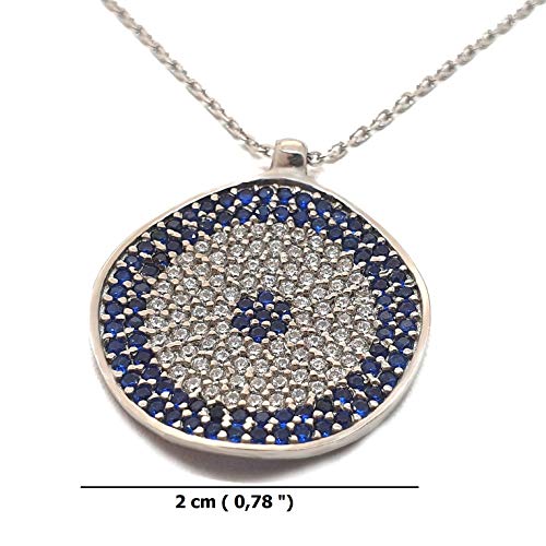 MYSTIC JEWELS by Dalia - 925 Sterling Silver Blue Round Turkish Eye Pendant Necklace with Cubic Zirconia (Silver)