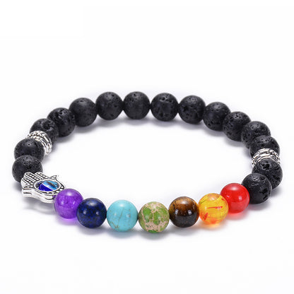 Evil Eye Fatima Palm Seven Chakra Essential Oil Volcanic Lava Beads Bracelet