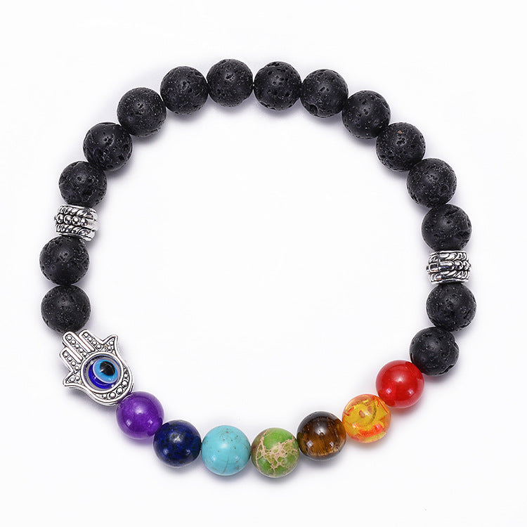 Evil Eye Fatima Palm Seven Chakra Essential Oil Volcanic Lava Beads Bracelet