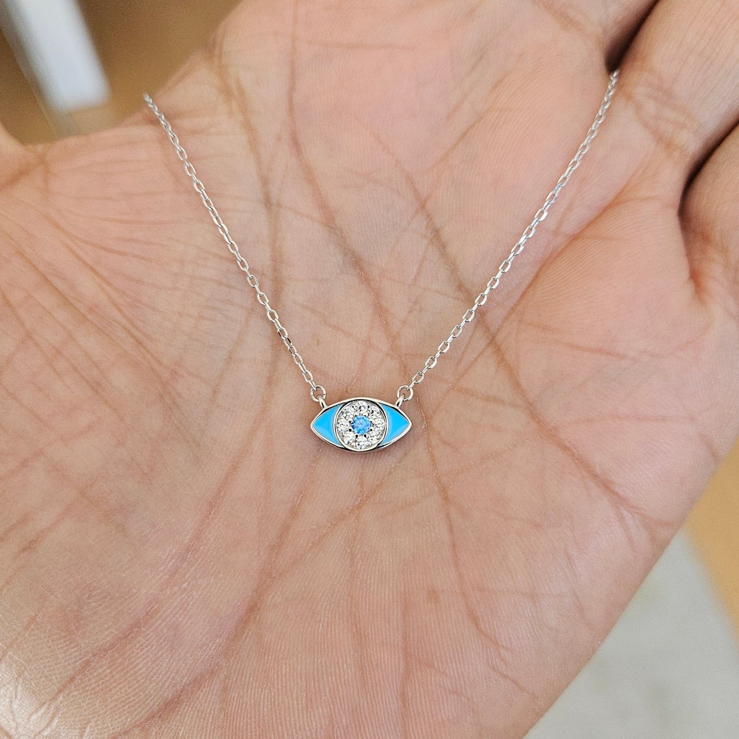 Collar Plata de Ley 925 Ojo Turco con Circonitas y Esmalte Turquesa – Diseño Elegante y Minimalista – 42 + 3 cm, para regalar