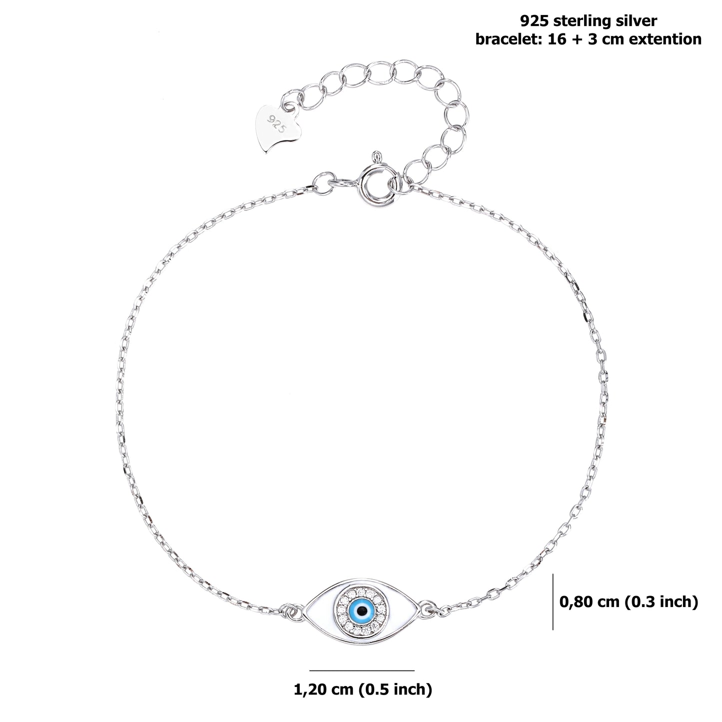 Pulsera de Cadena con Ojo Protector en Plata de Ley 925 – Esmalte Blanco y Azul – Estilo Fino y Minimalista – Ajustable 16 + 3 cm – Incluye Bolsita Regalo