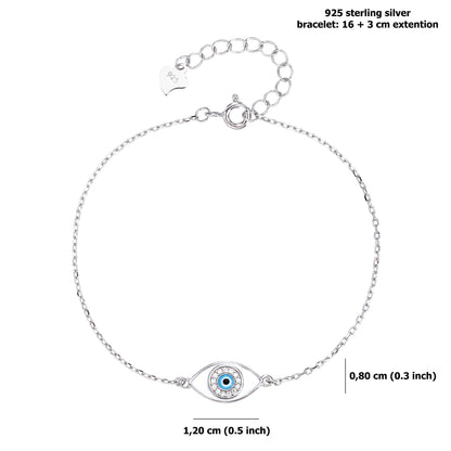 Pulsera de Cadena con Ojo Protector en Plata de Ley 925 – Esmalte Blanco y Azul – Estilo Fino y Minimalista – Ajustable 16 + 3 cm – Incluye Bolsita Regalo