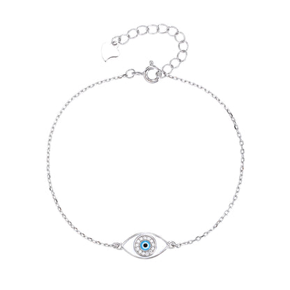 Pulsera de Cadena con Ojo Protector en Plata de Ley 925 – Esmalte Blanco y Azul – Estilo Fino y Minimalista – Ajustable 16 + 3 cm – Incluye Bolsita Regalo