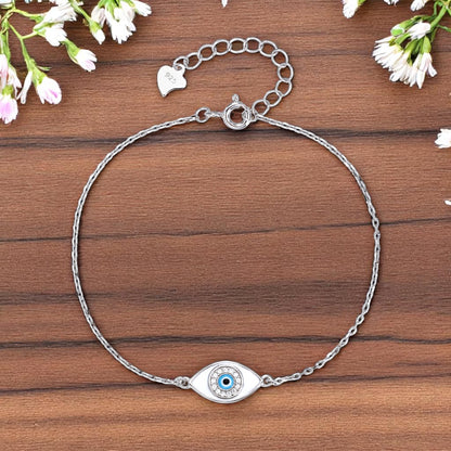 Pulsera de Cadena con Ojo Protector en Plata de Ley 925 – Esmalte Blanco y Azul – Estilo Fino y Minimalista – Ajustable 16 + 3 cm – Incluye Bolsita Regalo
