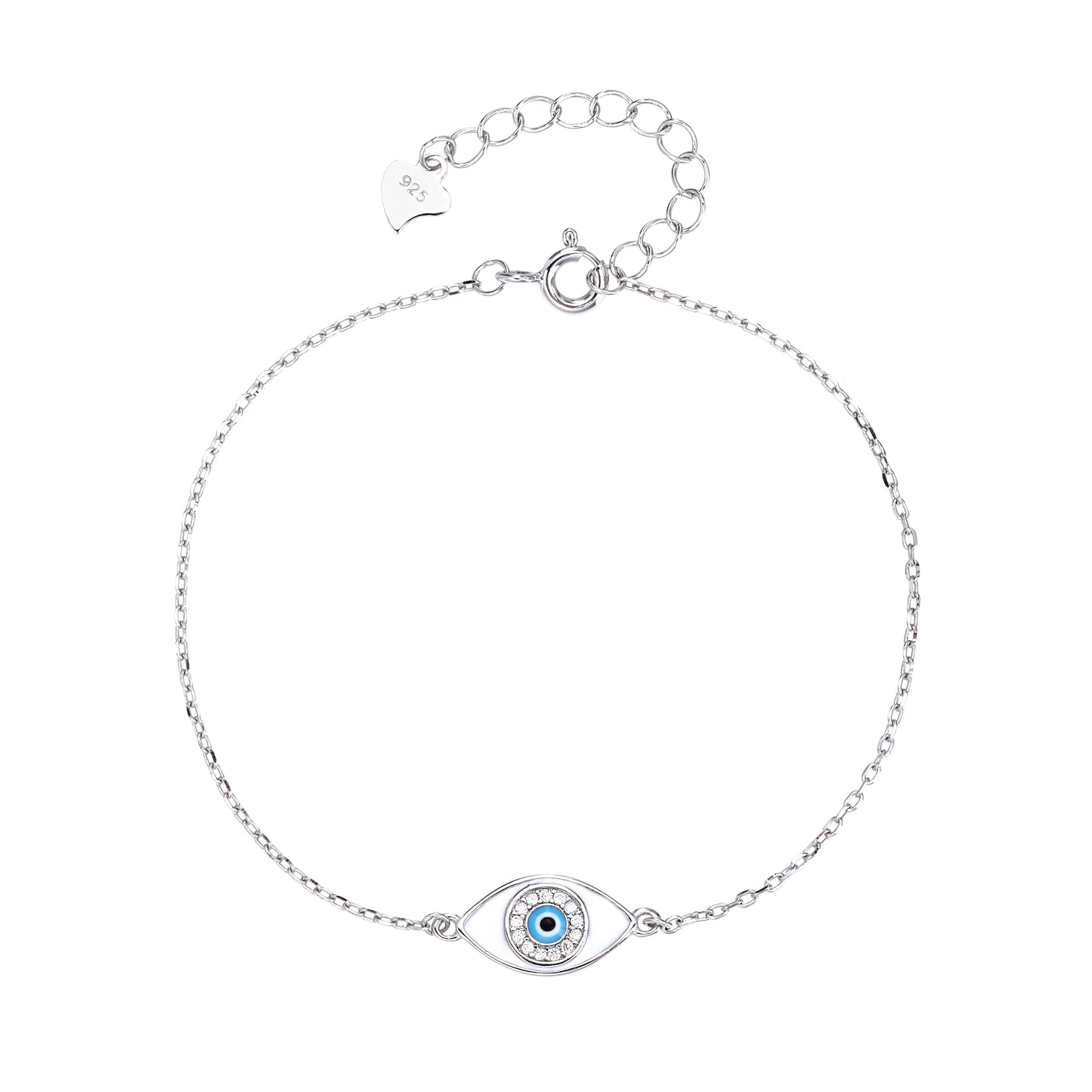Pulsera de Cadena con Ojo Protector en Plata de Ley 925 – Esmalte Blanco y Azul – Estilo Fino y Minimalista – Ajustable 16 + 3 cm – Incluye Bolsita Regalo