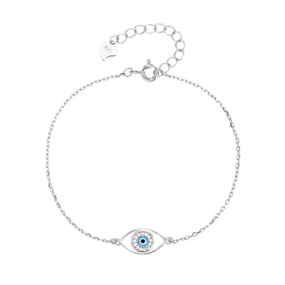 Pulsera de Cadena con Ojo Protector en Plata de Ley 925 – Esmalte Blanco y Azul – Estilo Fino y Minimalista – Ajustable 16 + 3 cm – Incluye Bolsita Regalo