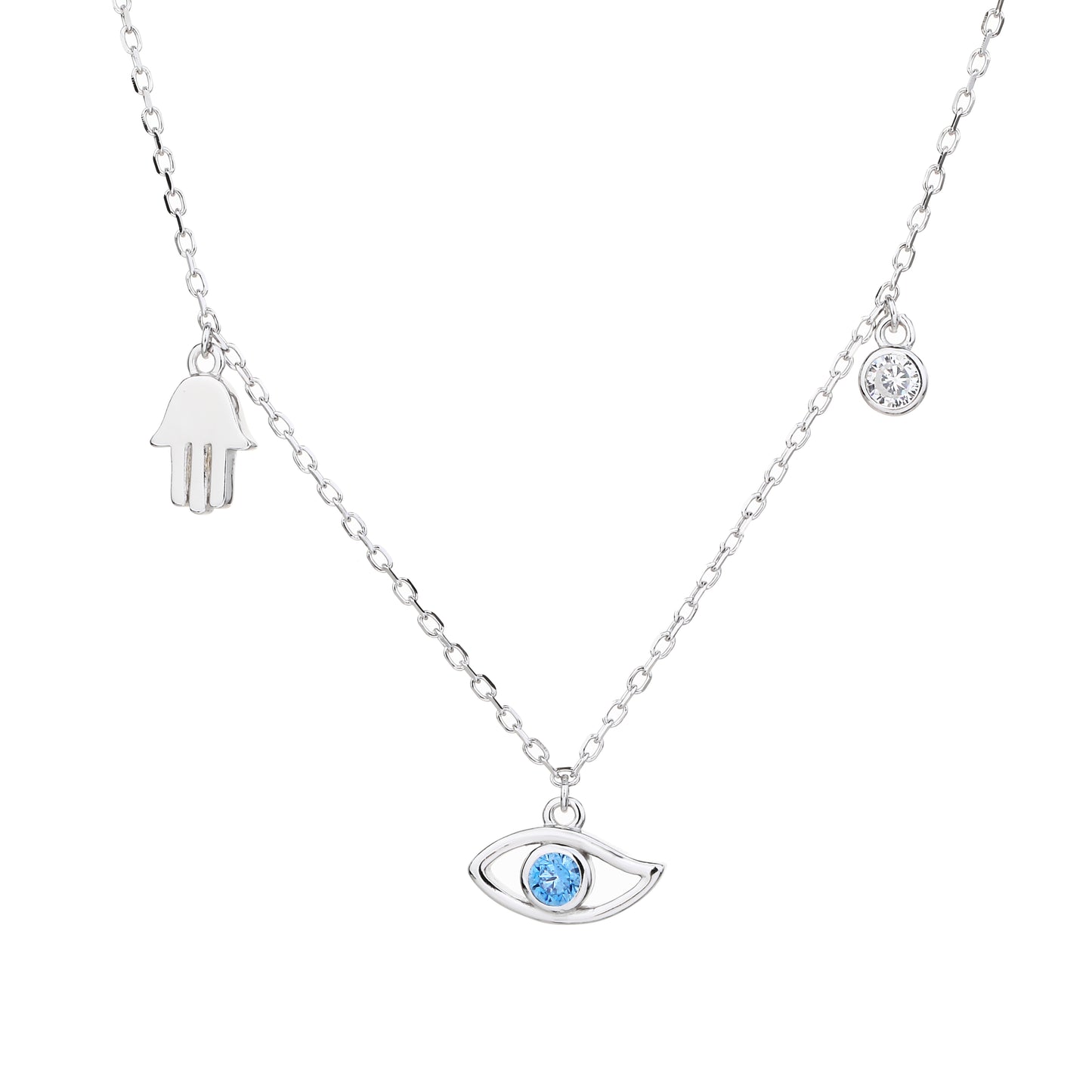 Collar de Plata con Dijes de Mano Hamsa (Hamsa), Ojo Turco y Circonita Cúbica – Ajustable con Extensión – Incluye Bolsita de Regalo