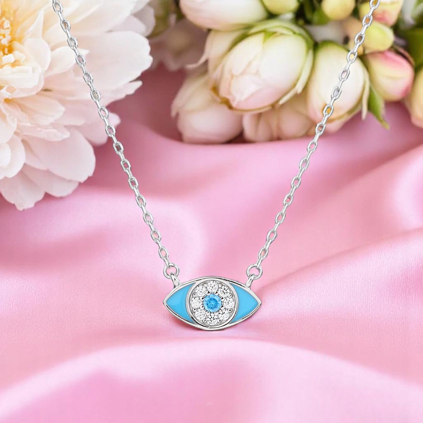 Collar Plata de Ley 925 Ojo Turco con Circonitas y Esmalte Turquesa – Diseño Elegante y Minimalista – 42 + 3 cm, para regalar