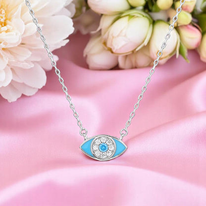 Collar Plata de Ley 925 Ojo Turco con Circonitas y Esmalte Turquesa – Diseño Elegante y Minimalista – 42 + 3 cm, para regalar
