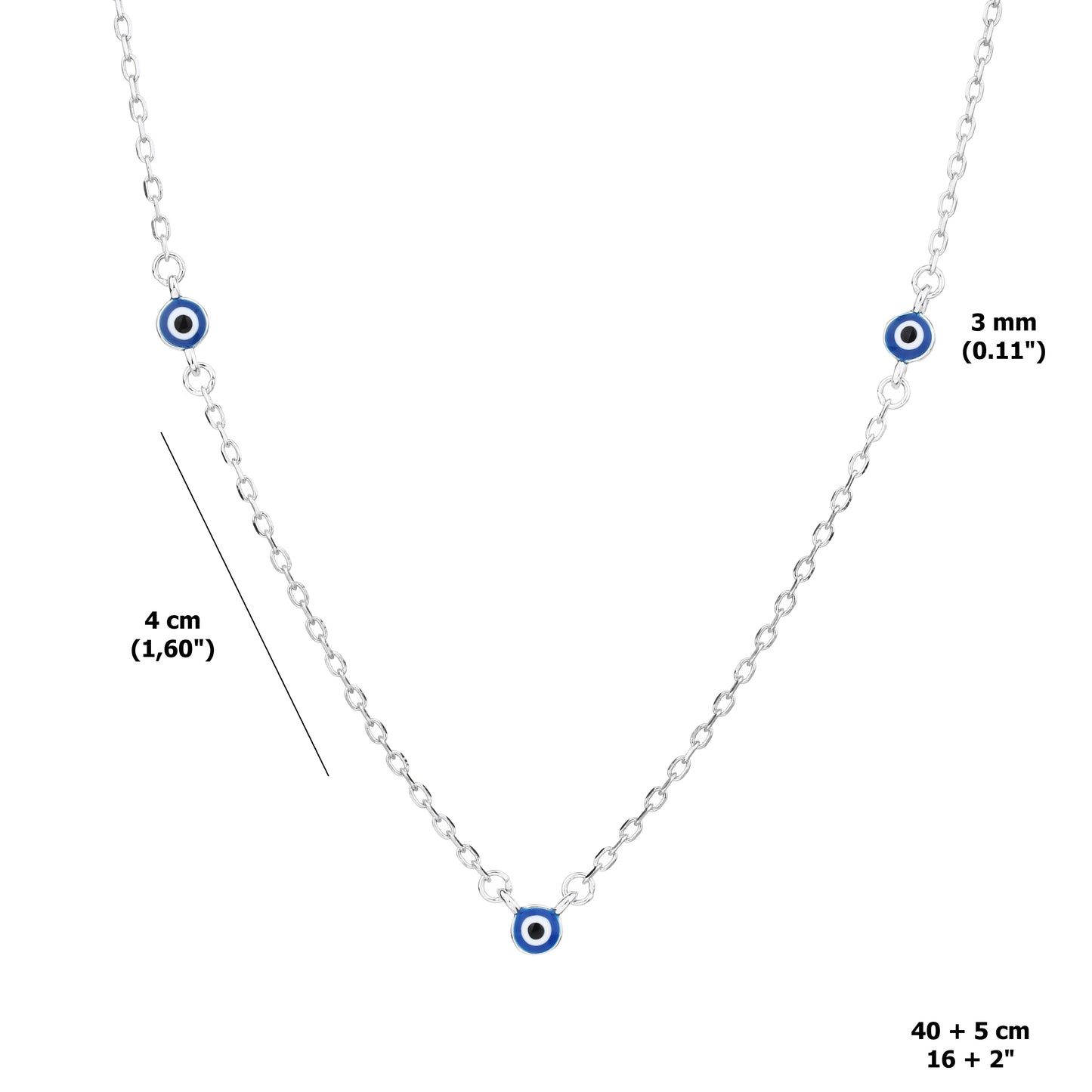 Collar de Plata de ley 925 con 5 Ojos Turcos Esmaltados Azul Marino – Diseño Minimalista 42 + 3 cm – Con Bolsita de Regalo
