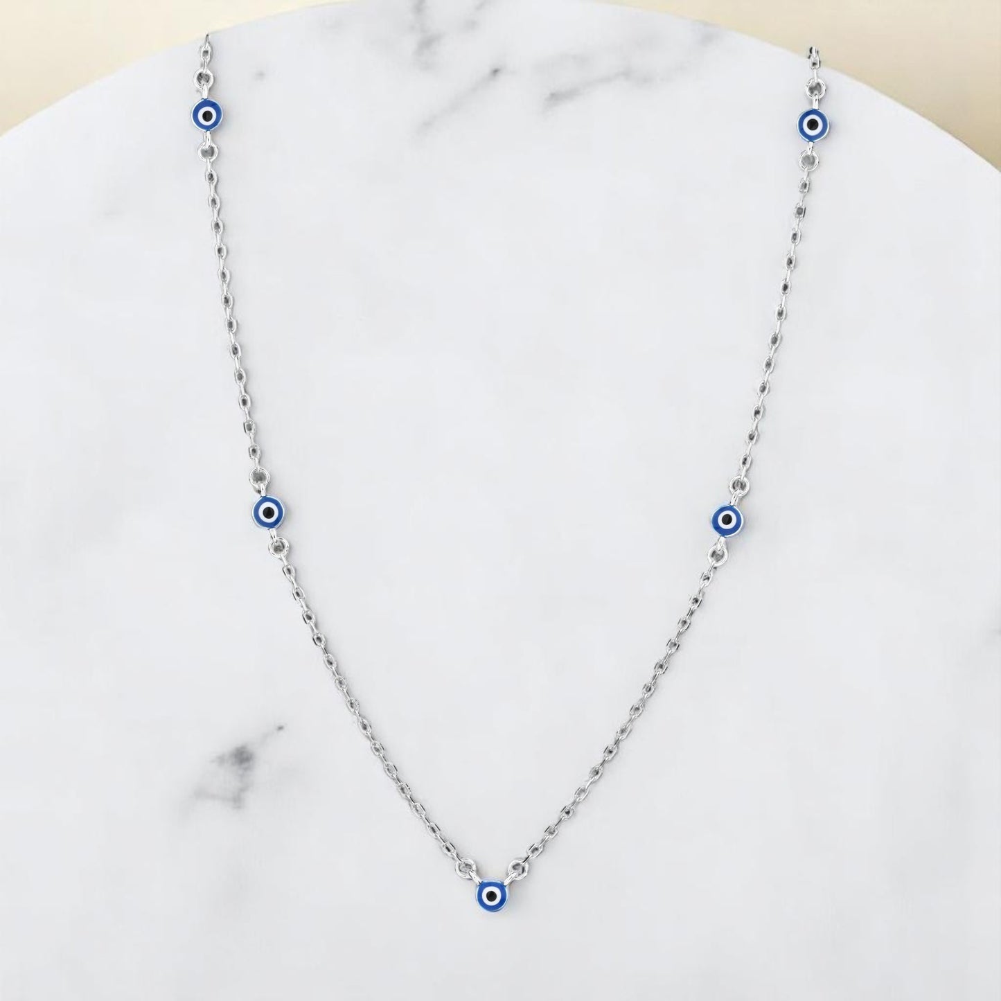 Collar de Plata de ley 925 con 5 Ojos Turcos Esmaltados Azul Marino – Diseño Minimalista 42 + 3 cm – Con Bolsita de Regalo