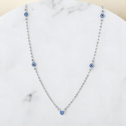 Collar de Plata de ley 925 con 5 Ojos Turcos Esmaltados Azul Marino – Diseño Minimalista 42 + 3 cm – Con Bolsita de Regalo
