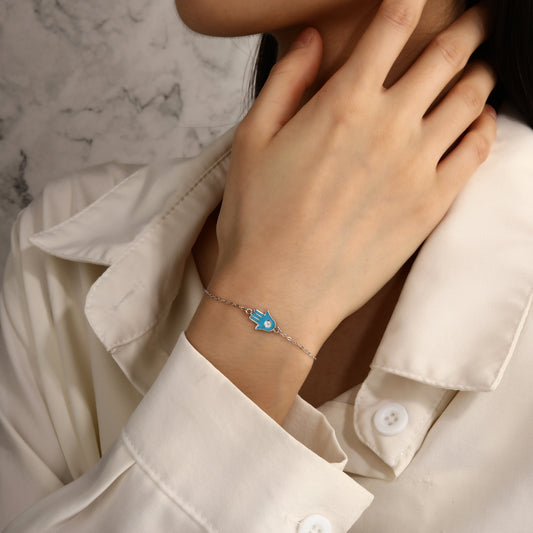 Pulsera Mano de Fátima (Hamsa) con Esmalte Azul Claro y Circonita – Plata de ley 925 – Ajustable 16 + 3 cm – Minimalista y Elegante con Bolsita de Regalo