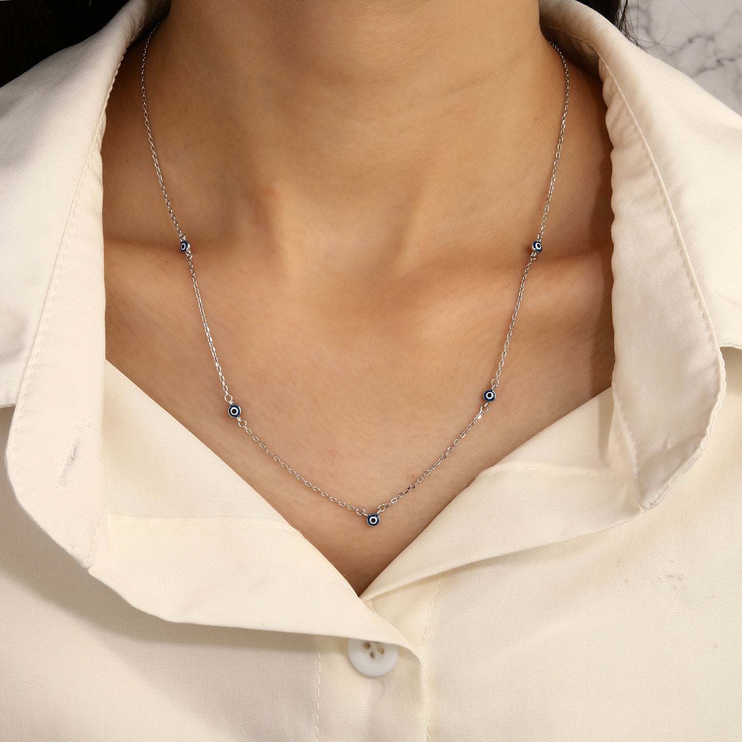 Collar de Plata de ley 925 con 5 Ojos Turcos Esmaltados Azul Marino – Diseño Minimalista 42 + 3 cm – Con Bolsita de Regalo