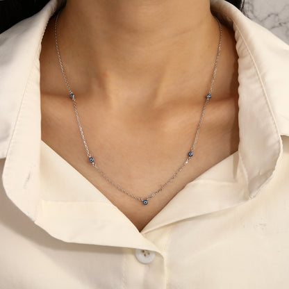 Collar de Plata de ley 925 con 5 Ojos Turcos Esmaltados Azul Marino – Diseño Minimalista 42 + 3 cm – Con Bolsita de Regalo
