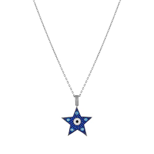 MYSTIC JEWELS By Dalia -Necklace 925 sterling silver Navy blue enamel and turquoise eyes, minimalist, Good luck Elephant or Star model (Star)