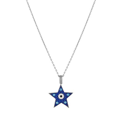 MYSTIC JEWELS By Dalia -Necklace 925 sterling silver Navy blue enamel and turquoise eyes, minimalist, Good luck Elephant or Star model (Star)