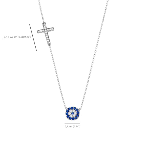 MYSTIC JEWELS By Dalia - 925 Sterling Silver Cross and Evil Eye Cubic Zirconia Necklace for Good Luck, Gift for New Year, Birthday