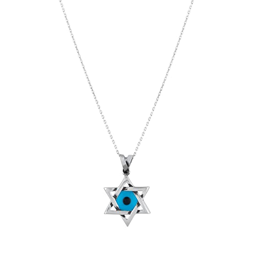 MYSTIC JEWELS By Dalia - 925 Sterling Silver Star of David (Magen David) Necklace with Crystal Blue Evil Eye in the Middle