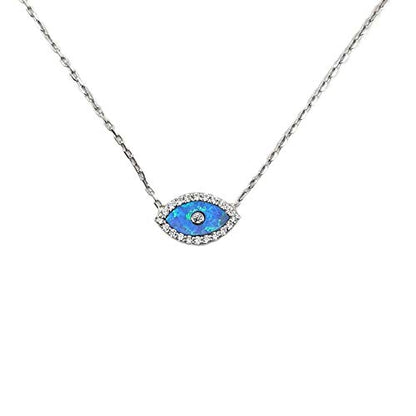 MYSTIC JEWELS by Dalia - Opal Necklace in the Shape of a Turkish Eye, 925 Sterling Silver with Cubic Zirconia (Silver)