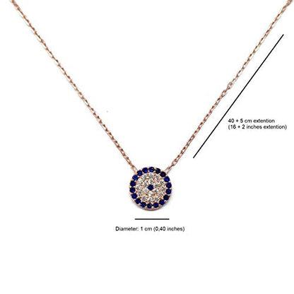 MYSTIC JEWELS by Dalia - 925 Sterling Silver Turkish Eye Pendant Necklace - Round with Cubic Zirconia (Pink)