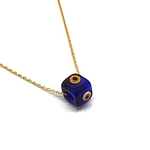 MYSTIC JEWELS by Dalia - Blue Crystal Cube Evil Eye Necklace for Good Luck - 925 Sterling Silver Chain with Gold Plating (Navy Blue)