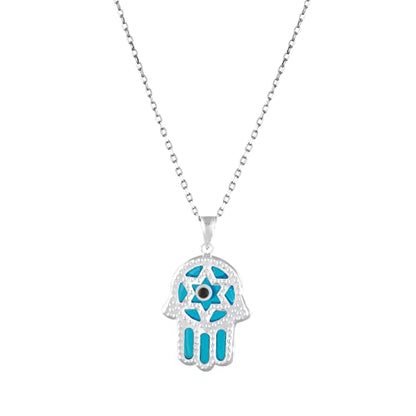 MYSTIC JEWELS By Dalia - 925 Sterling Silver and Crystal Evil Eye Necklace, Minimalist, in different Shapes (Hand, Star, Round) (Hand of Fatima)