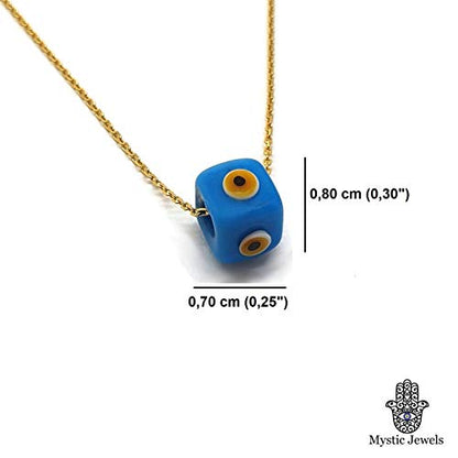 MYSTIC JEWELS by Dalia - Blue Crystal Cube Evil Eye Necklace for Good Luck - 925 Sterling Silver Chain with Gold Plated (Turquoise)