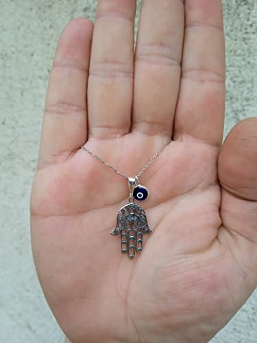 MYSTIC JEWELS By Dalia - 925 Sterling Silver Hamsa Necklace with a 7mm Evil Eye Pendant Hanging (Filigree)