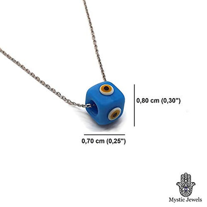MYSTIC JEWELS by Dalia - Blue Crystal Cube Evil Eye Necklace for Good Luck - 925 Sterling Silver Chain (Turquoise)