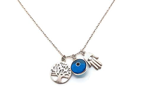 MYSTIC JEWELS - 925 Sterling Silver Necklace - Three symbols, Hand of Fatima &amp; Tree of Life &amp; Eye of Good Luck