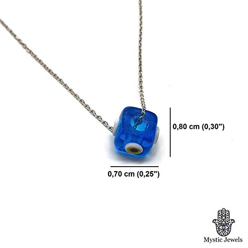 MYSTIC JEWELS by Dalia - Blue Crystal Cube Evil Eye Necklace for Good Luck - 925 Sterling Silver Chain (Light Blue)
