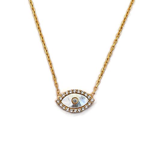 MYSTIC JEWELS by Dalia - Turkish Eye Pendant Necklace 925 Sterling Silver with Cubic Zirconia and Mother of Pearl (Golden)